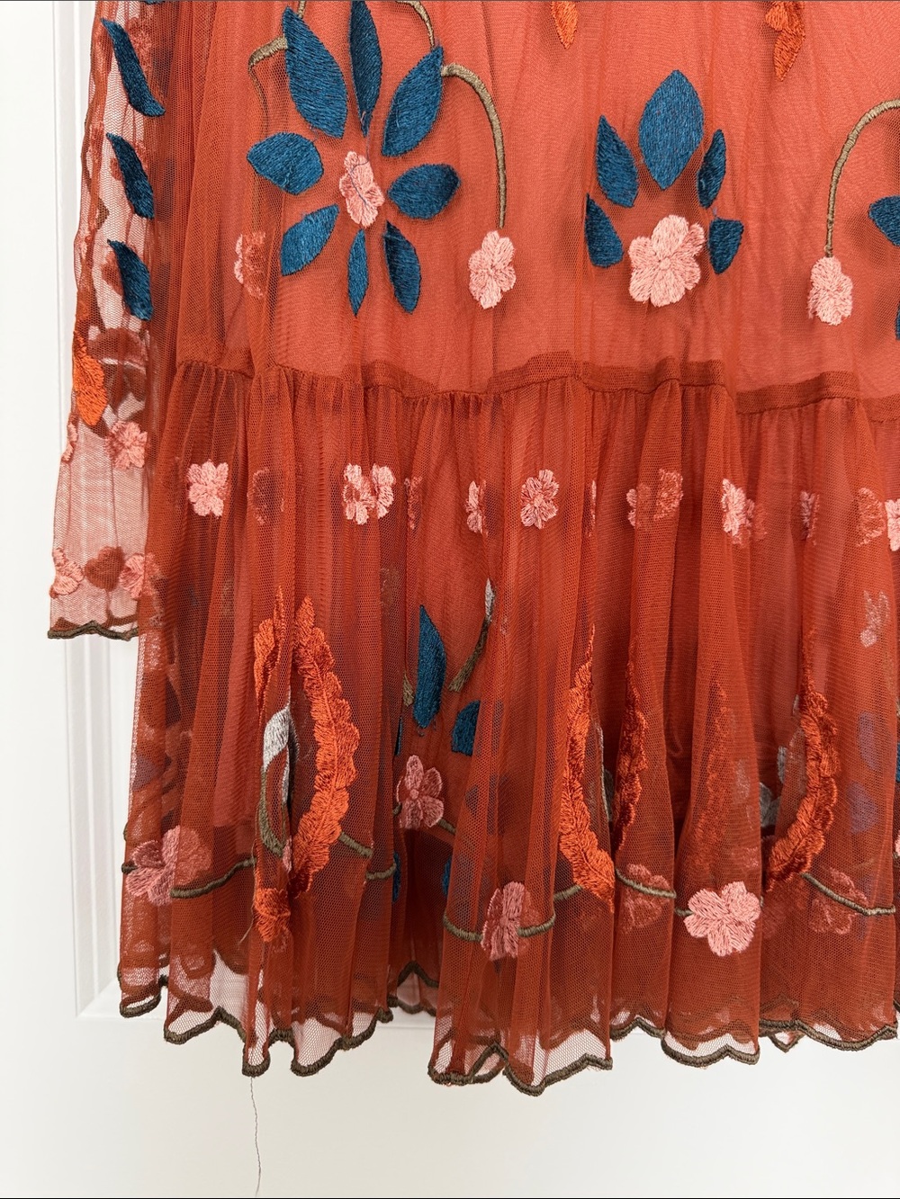 Free People Hearts Are Wild Embroidered Tulle Dress in a rust orange color - Picture 3 of 6
